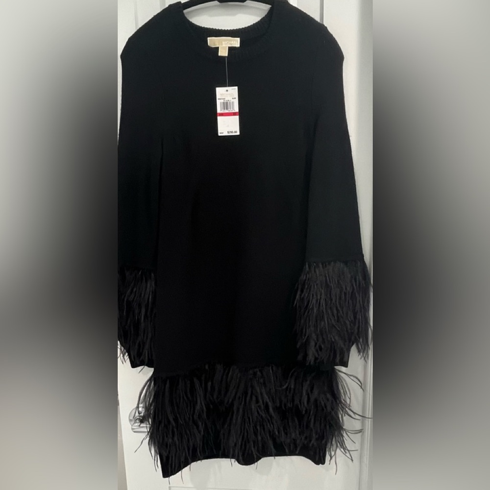 MICHAEL MICHAEL KORS Black Sweater Dress with Ostrich Feather Trim, Size XS, NWT